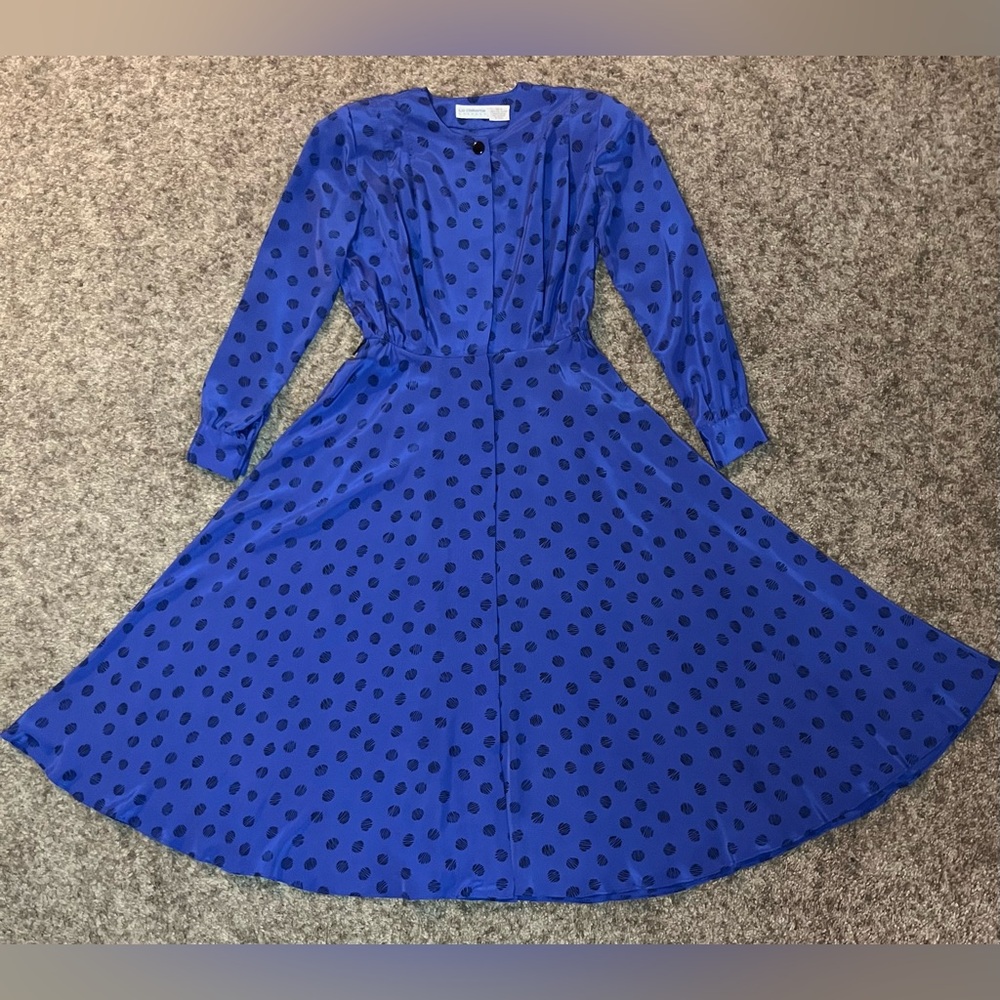 Vintage 80s Liz Claiborne Blue Polka Dot Midi Dress